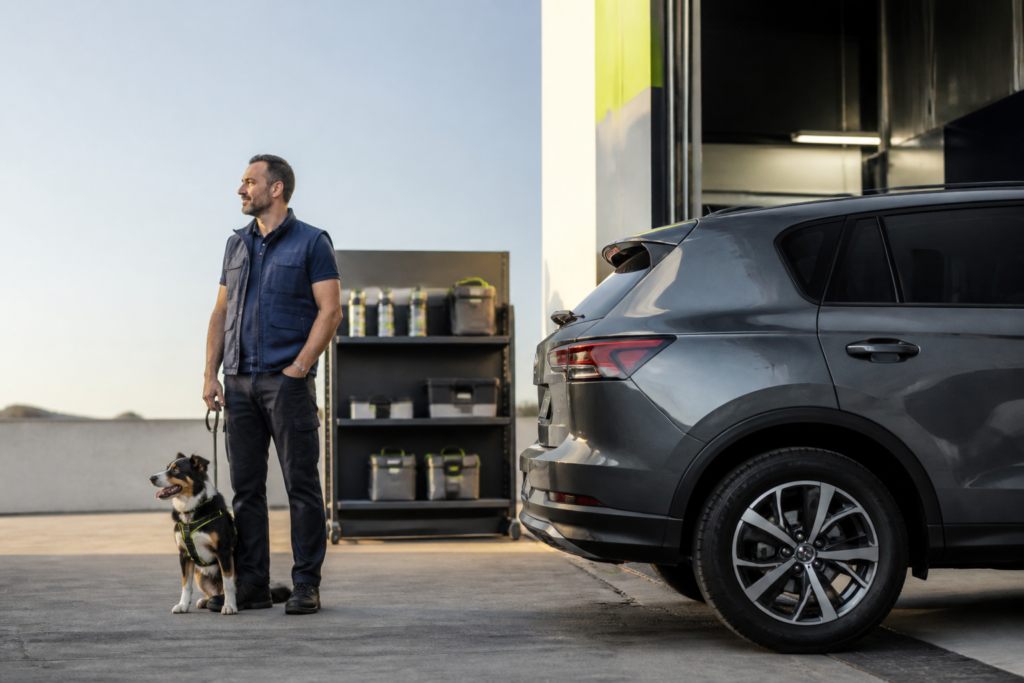 Original JustForAuto human, pet and vehicle lifestyle scene